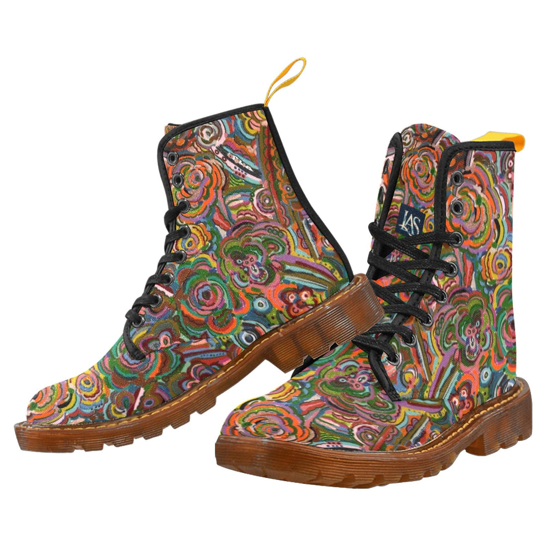 Pair of Fall Fiesta Custom Canvas Boots for women with colorful floral lace-up design and translucent rubber sole