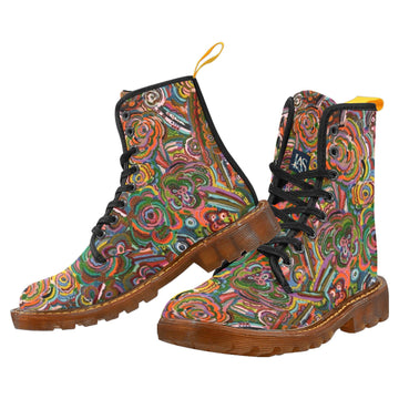 Pair of Fall Fiesta Custom Canvas Boots for women with colorful floral lace-up design and translucent rubber sole