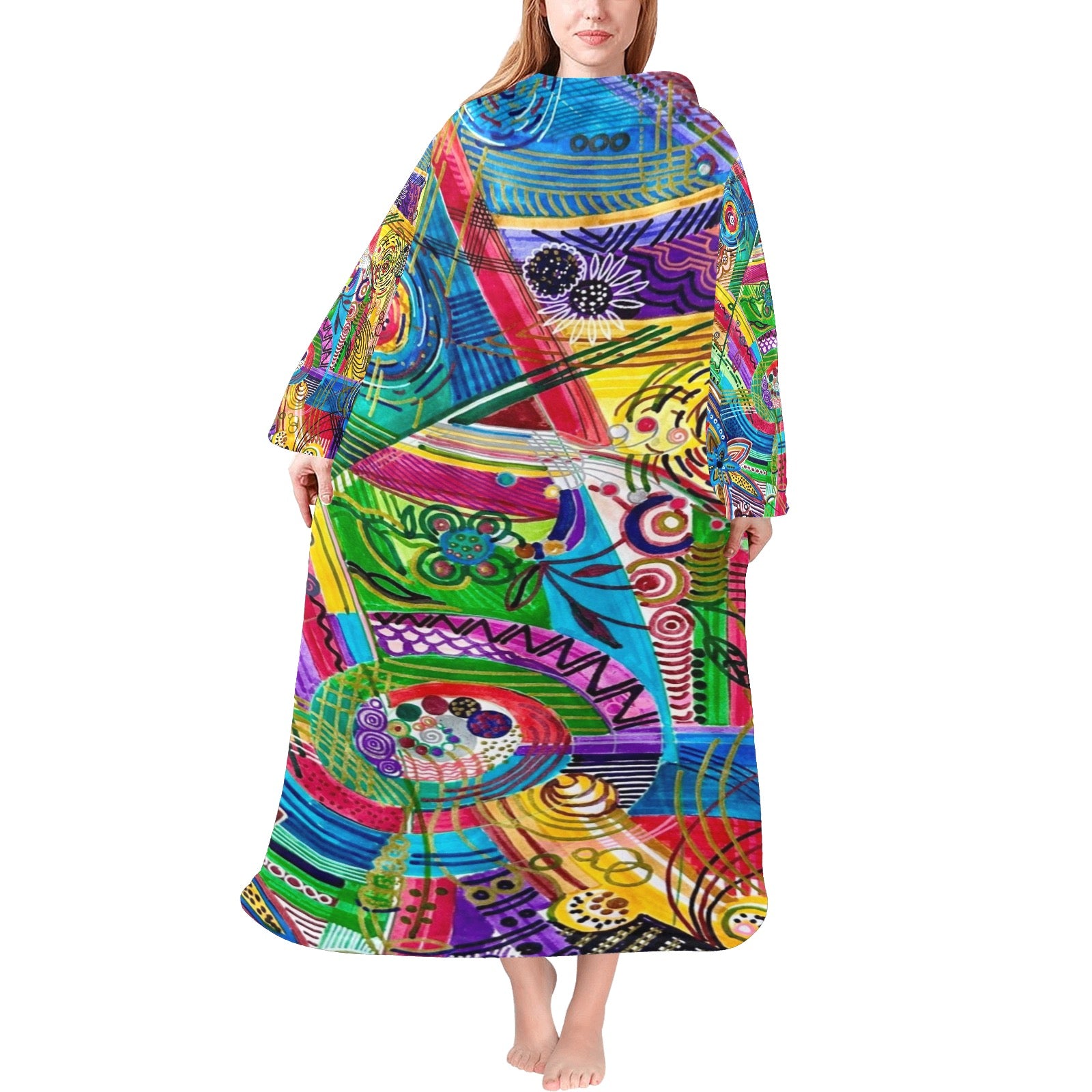 Away with Winter Blues Blanket Robe with Sleeves by LanaArtSweden, featuring vibrant original artwork, lightweight fleece, and a cozy design for year-round comfort.