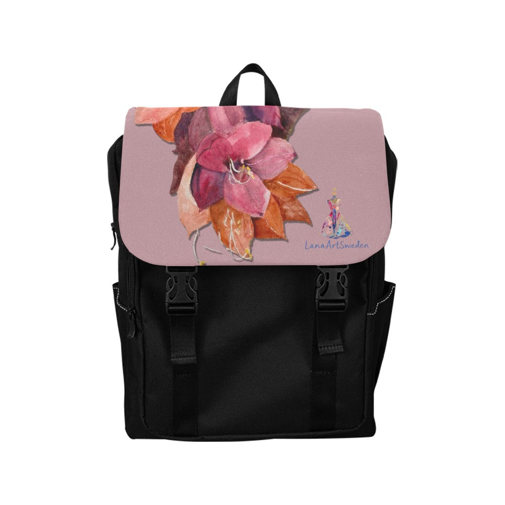 Amaryllis Casual Backpack with floral design flap, durable black oxford fabric, adjustable straps, multiple pockets, and laptop sleeve.