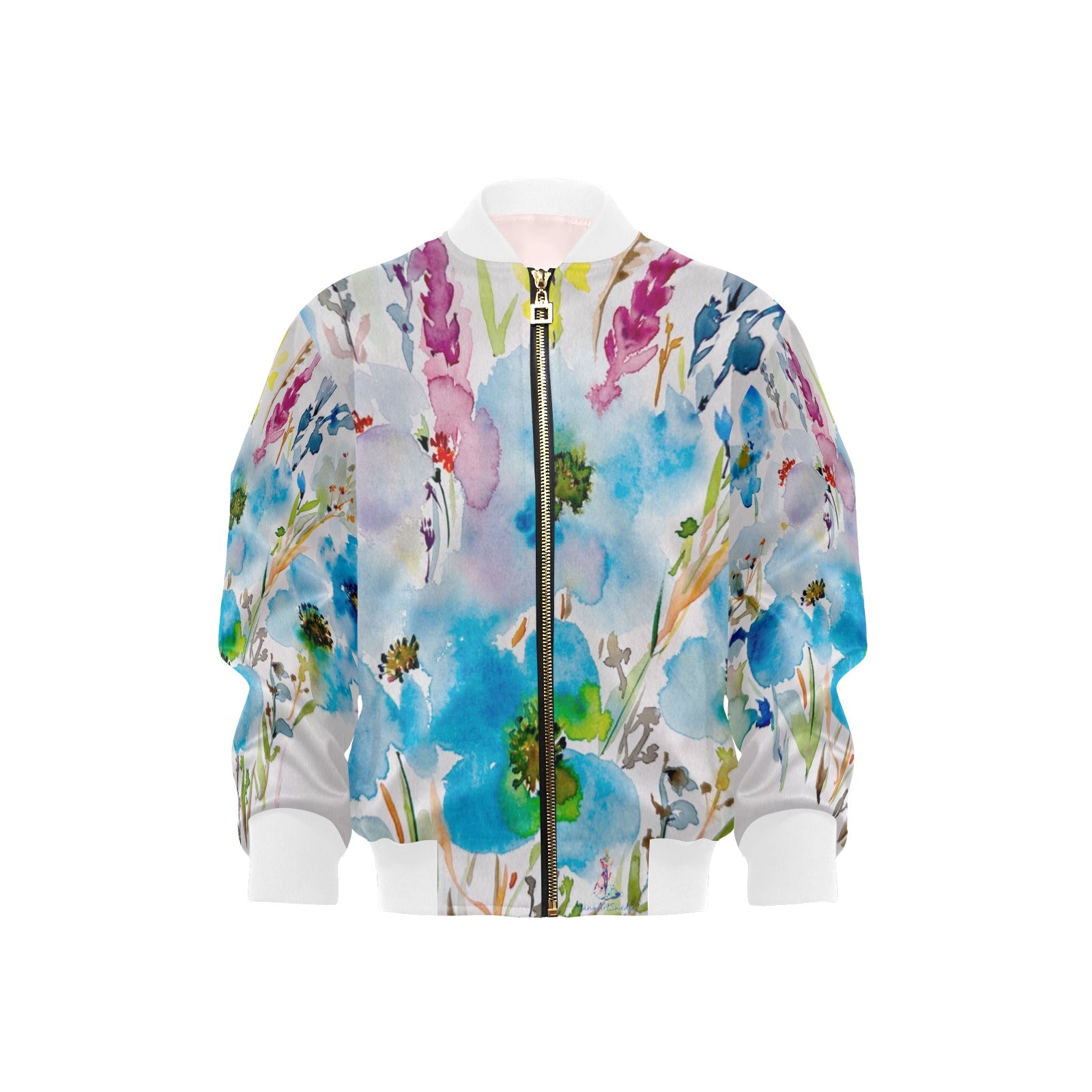 Blue Hibiscus White Collar Kids' Bomber Jacket with Pockets (Model H40)