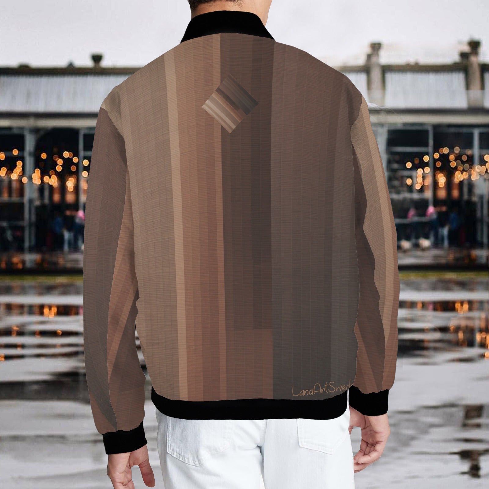 Brown Sophistication bomber jacket with ribbed collar and cuffs, worn by model against urban background, city bomber jackets style