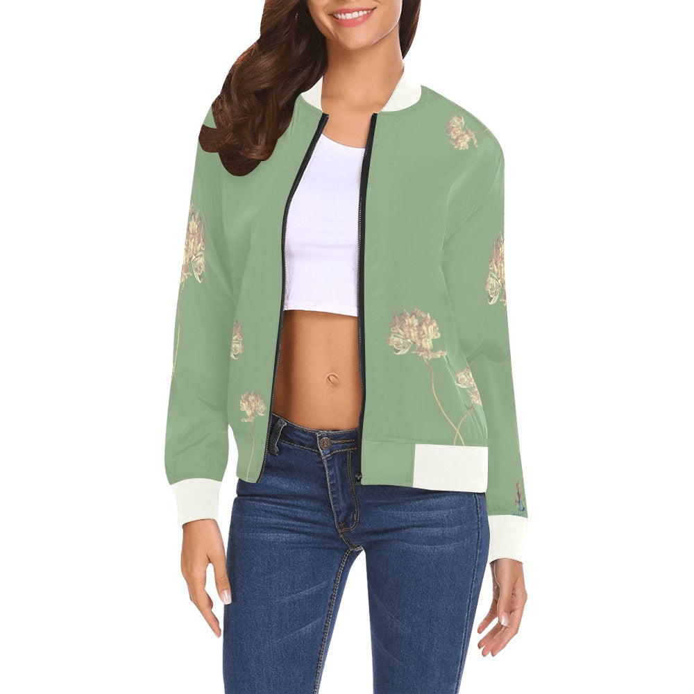 Woman wearing a Single Tulip Sage Bomber Jacket with floral design, white cuffs, and collar over a white crop top and jeans
