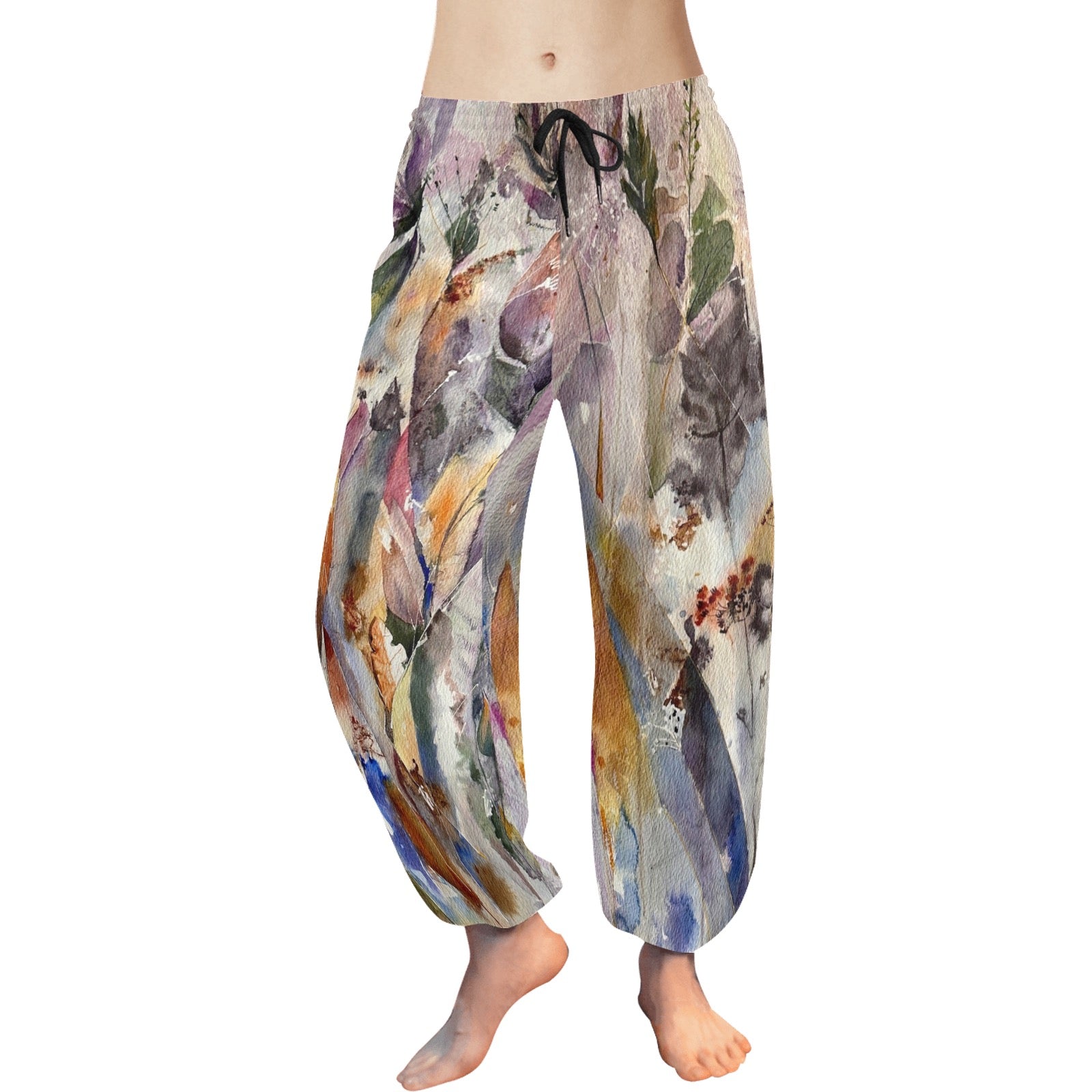 Lightweight chiffon drawstring harem pants with abstract multicolor print, baggy fit, and ankle cuffs for yoga and lounging.