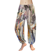 Lightweight chiffon drawstring harem pants with abstract multicolor print, baggy fit, and ankle cuffs for yoga and lounging.