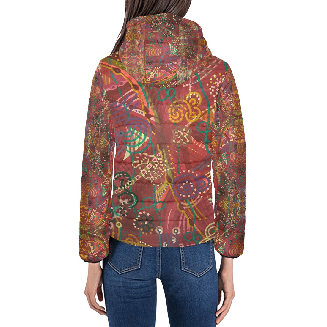 Purple Swirls Red Women's Padded Hooded Puffer Jacket