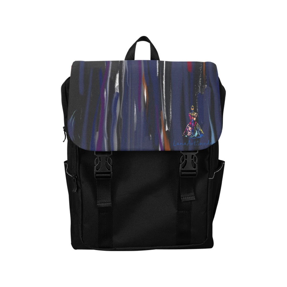 Blue casual backpack with music-themed abstract design flap, durable oxford fabric, adjustable straps, multiple pockets, and black lining.