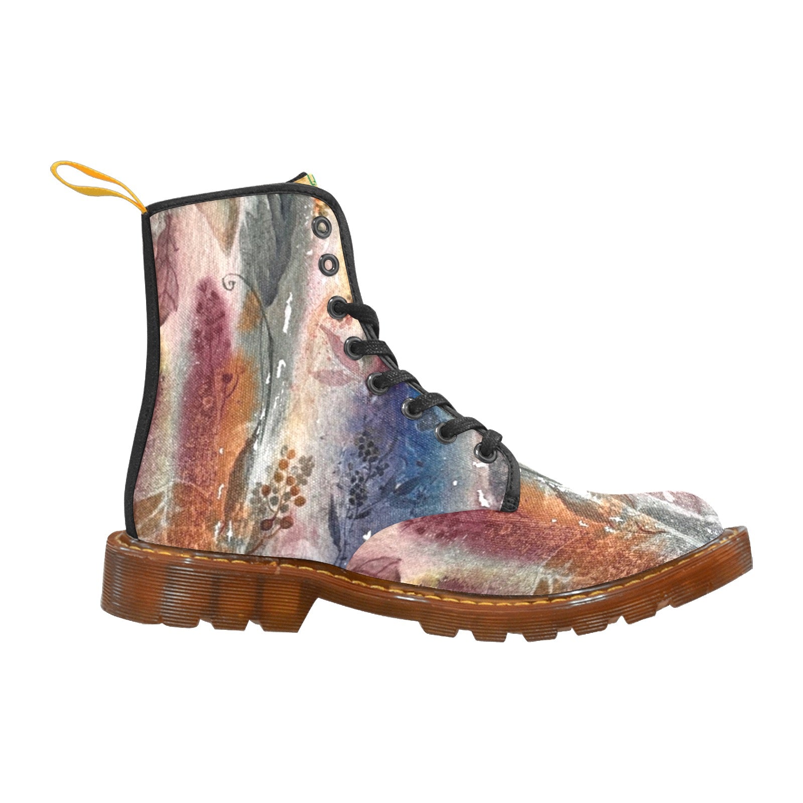 Fall Fantasy Black Custom Canvas Combat Boots for Women with lace-up floral design, translucent rubber sole, and contrast single-welt stitching.