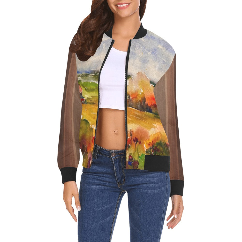 Women’s countryside brown all over print bomber jacket with zip-up front and ribbed collar, cuffs, and hem, featuring artistic outdoor landscape design.