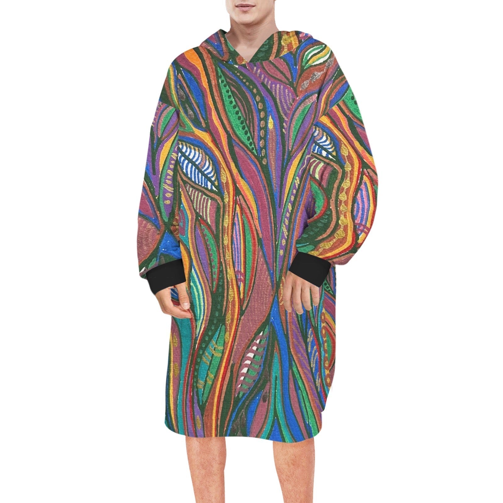 Matching men's Lanterna robe blanket hoodie in colorful abstract design, lightweight polyester fleece for year-round wear.