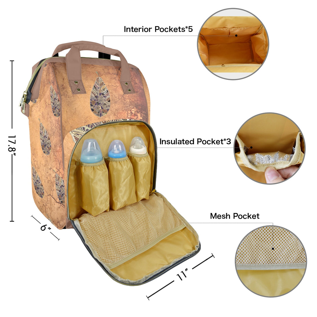 Brown Leaf Venetian Wall Multi-Function Travel Diaper Bag-Large