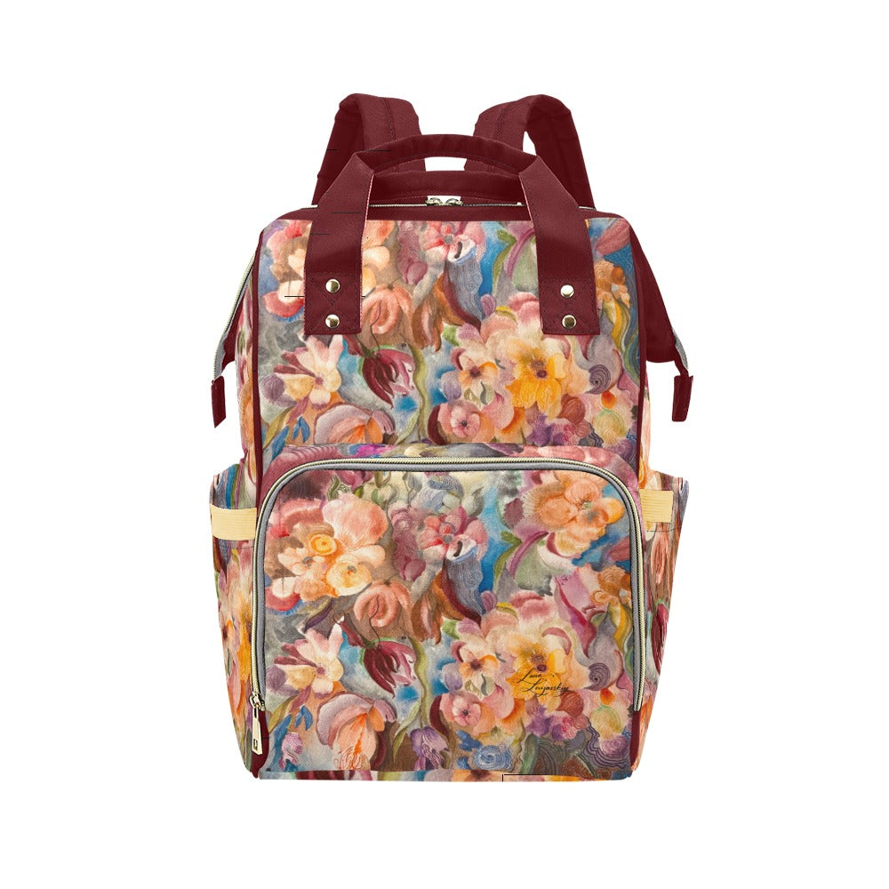 Fall Fiesta Mauve Wine multifunction diaper backpack with vibrant floral artwork and insulated bottle holders