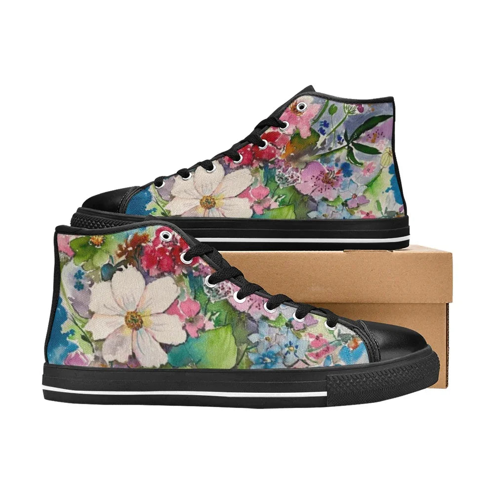 Flower Bunch Schwarze Damen Klassische High Top Canvas Schuhe