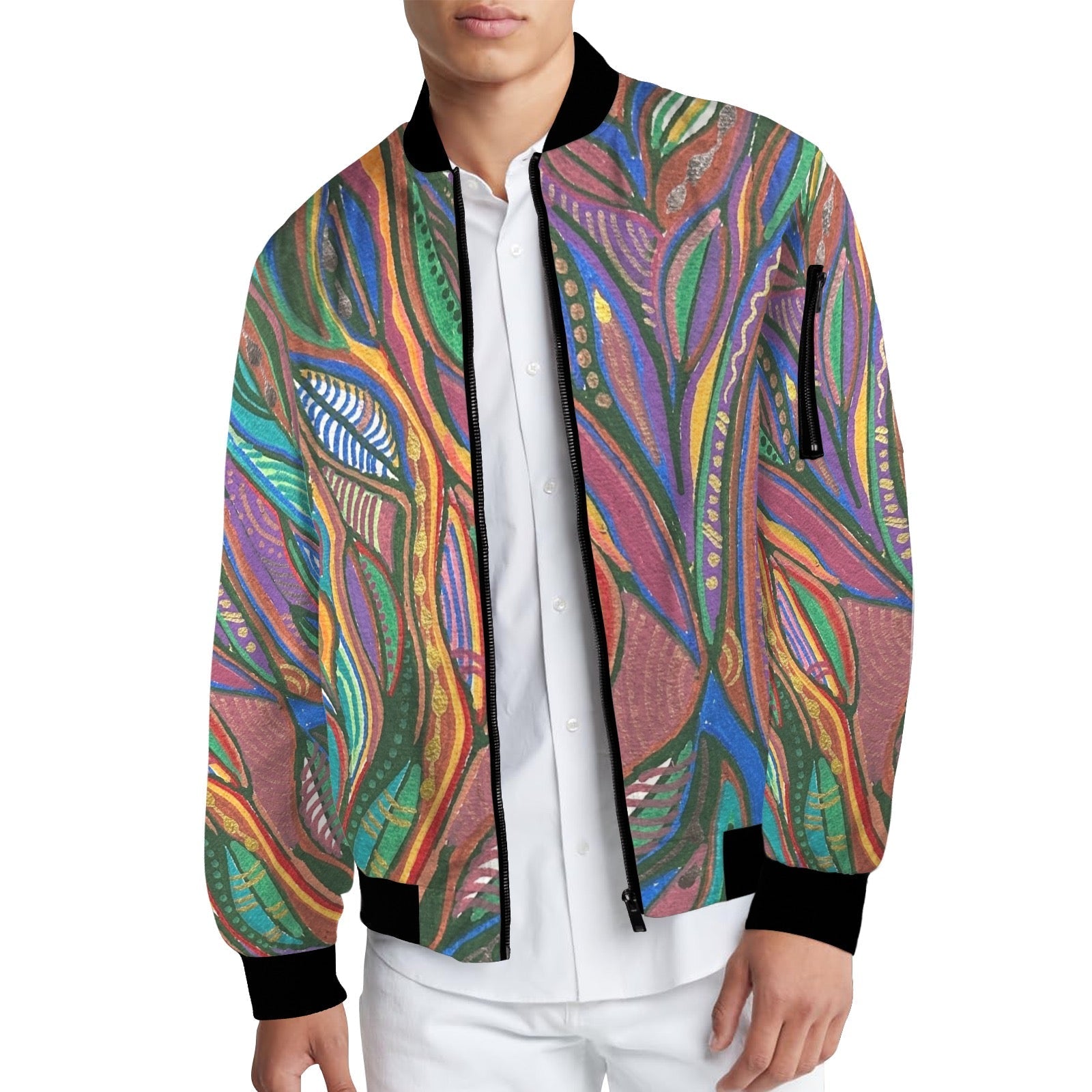 Man wearing Lanterna Fall 2024 Bomber Jacket with colorful abstract leaf pattern and black ribbed collar, cuffs, and hem