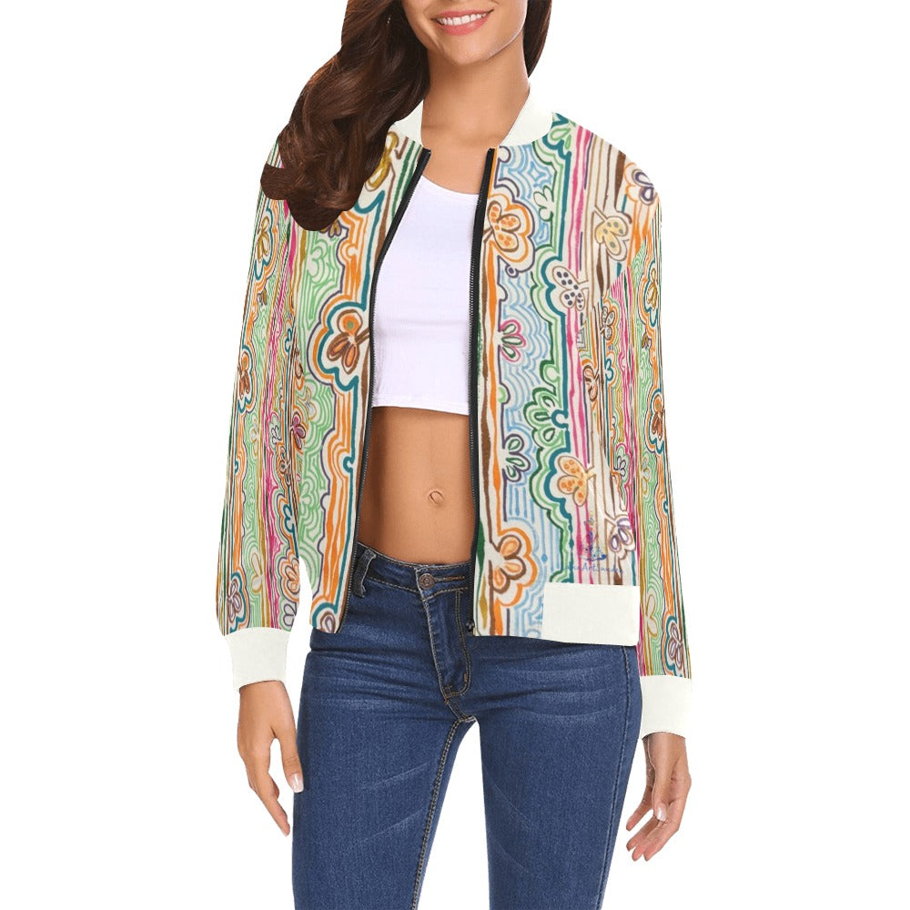 Women's Spring Fever W Bomber Jacket with colorful floral and abstract pattern, ribbed collar, cuffs, and hem, casual zip-up city design