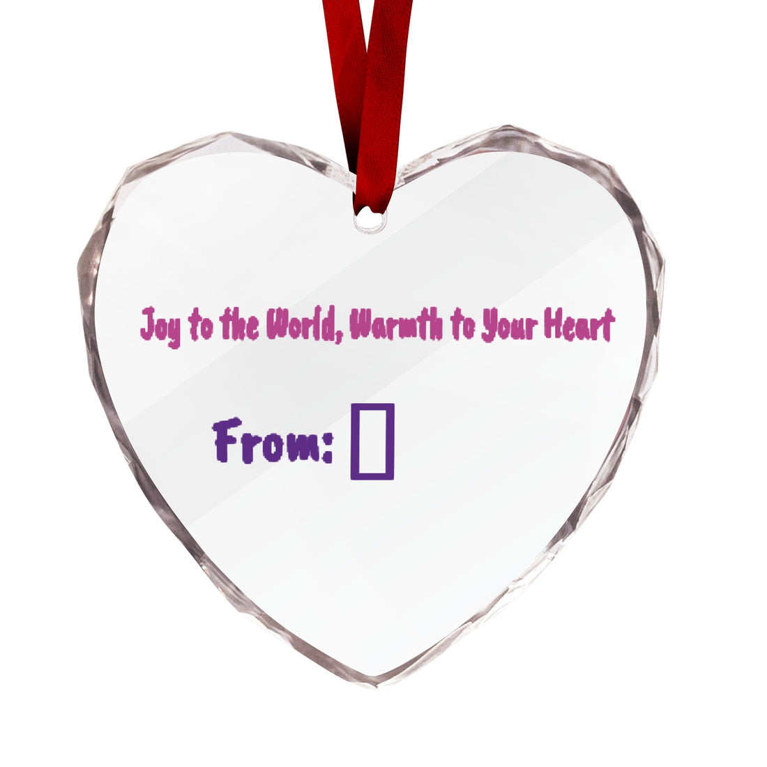 Customizable crystal glass ornament with 'Joy to the World' design, personalized with holiday message or photo.