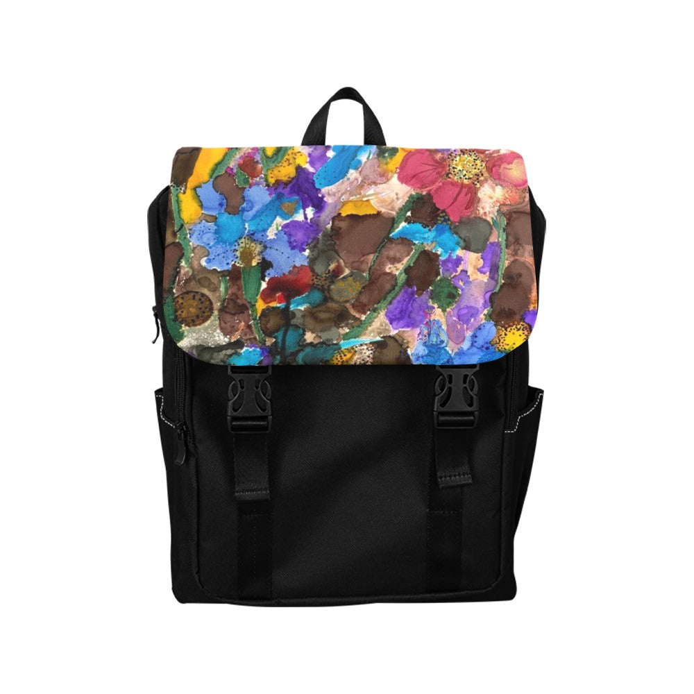 Black casual backpack with colorful aquarelle flower design flap and adjustable straps