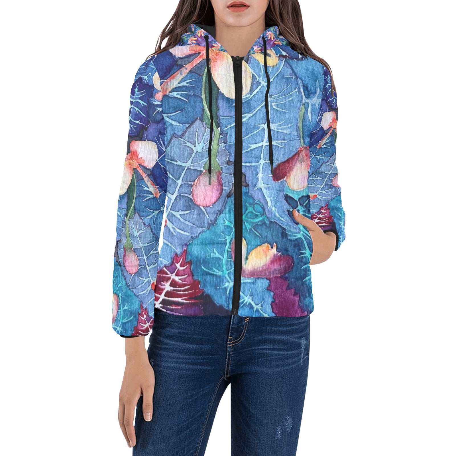 Womens puffer jacket with Cyclamen in Blue floral design, padded hood, and quilted lining.