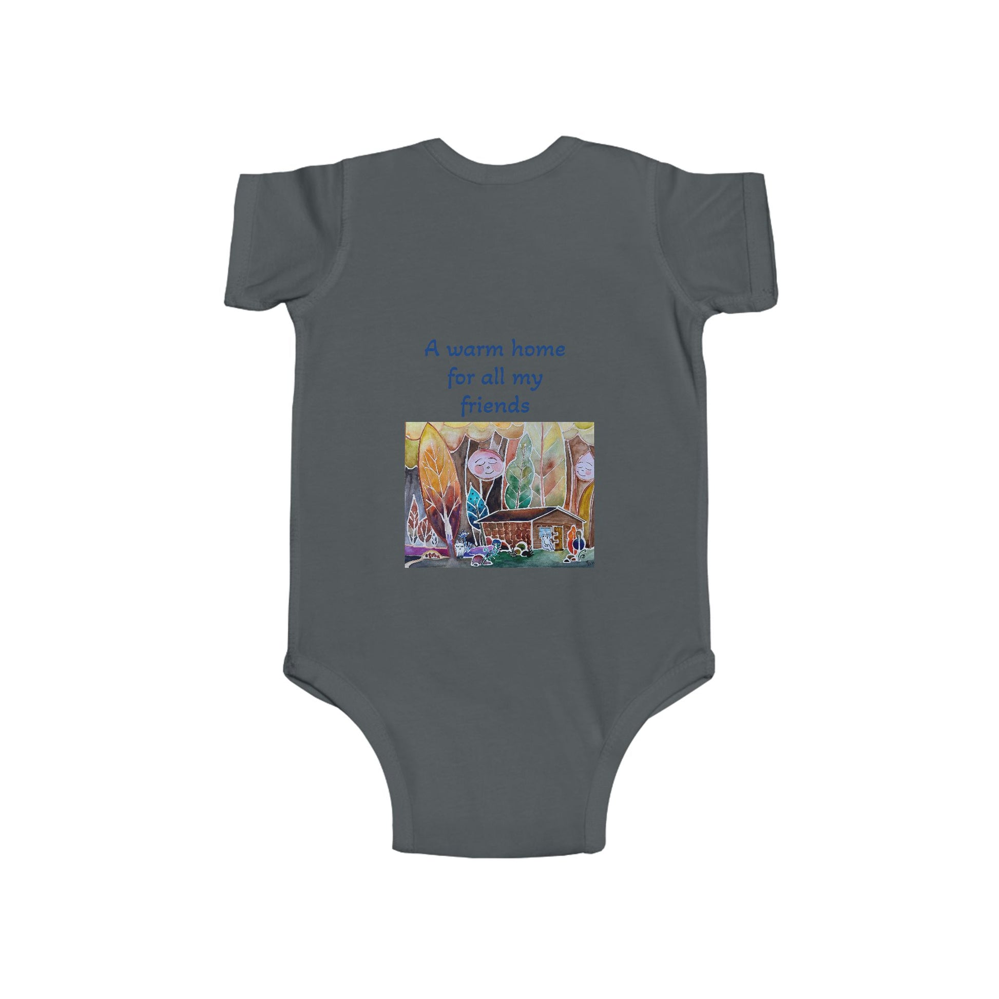 Organic Cotton Baby Onesie 'A Home for All My Friends' by LanaArtSweden, featuring a cozy design, soft fabric, and durable construction for infants.