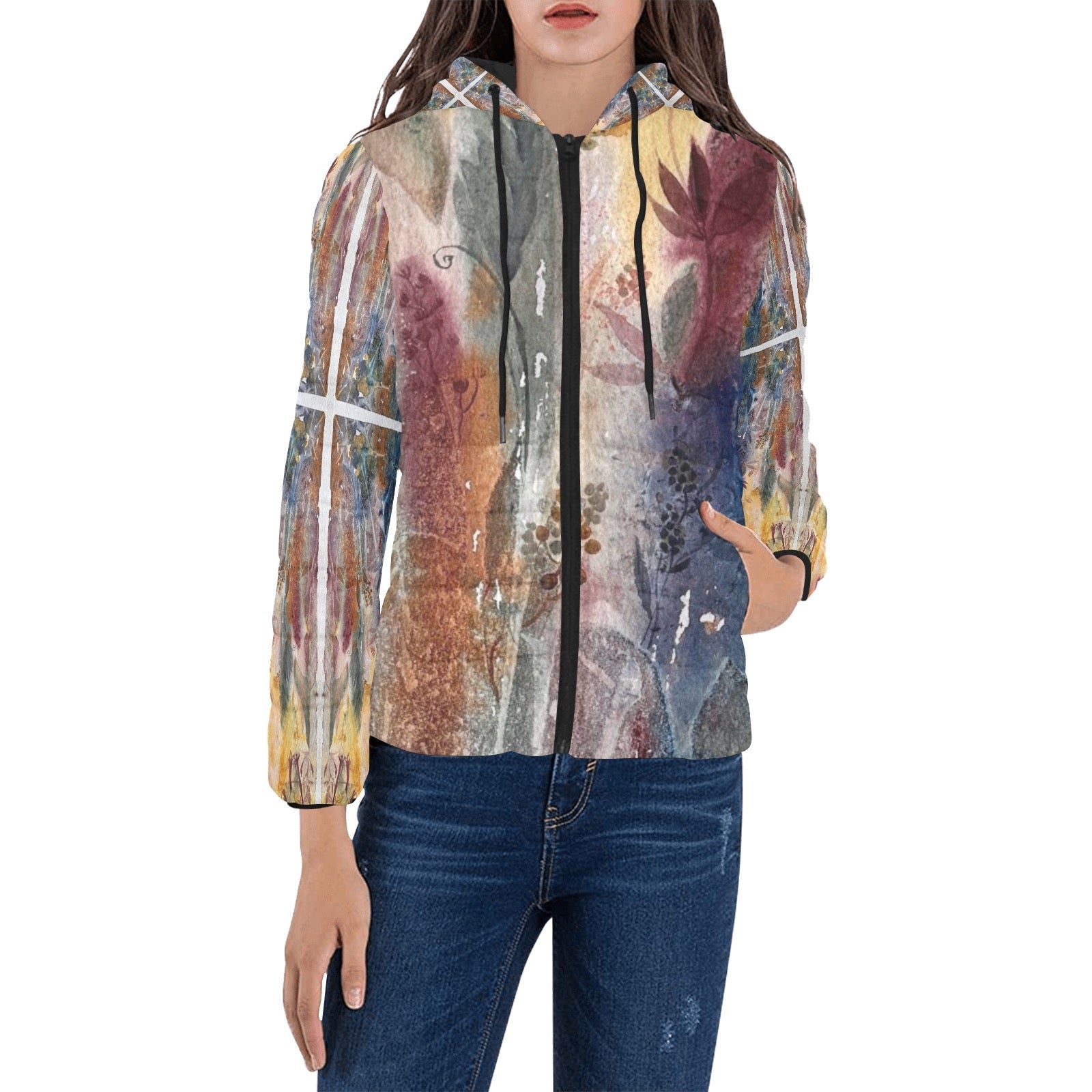 Intricate Browns Women's padded hooded puffer jacket with abstract brown and blue artistic print, zipper closure, and pouch pockets.