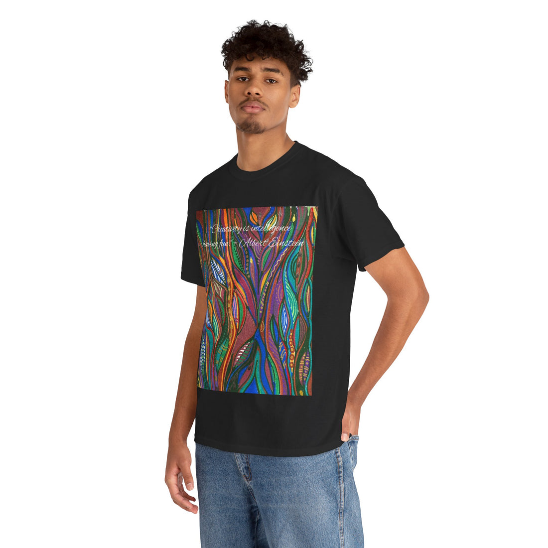 Art Quotes Unisex Tee by LanaArtSweden, featuring the Albert Einstein quote 'Creativity is intelligence having fun,' on a heavy cotton graphic shirt for men and women.