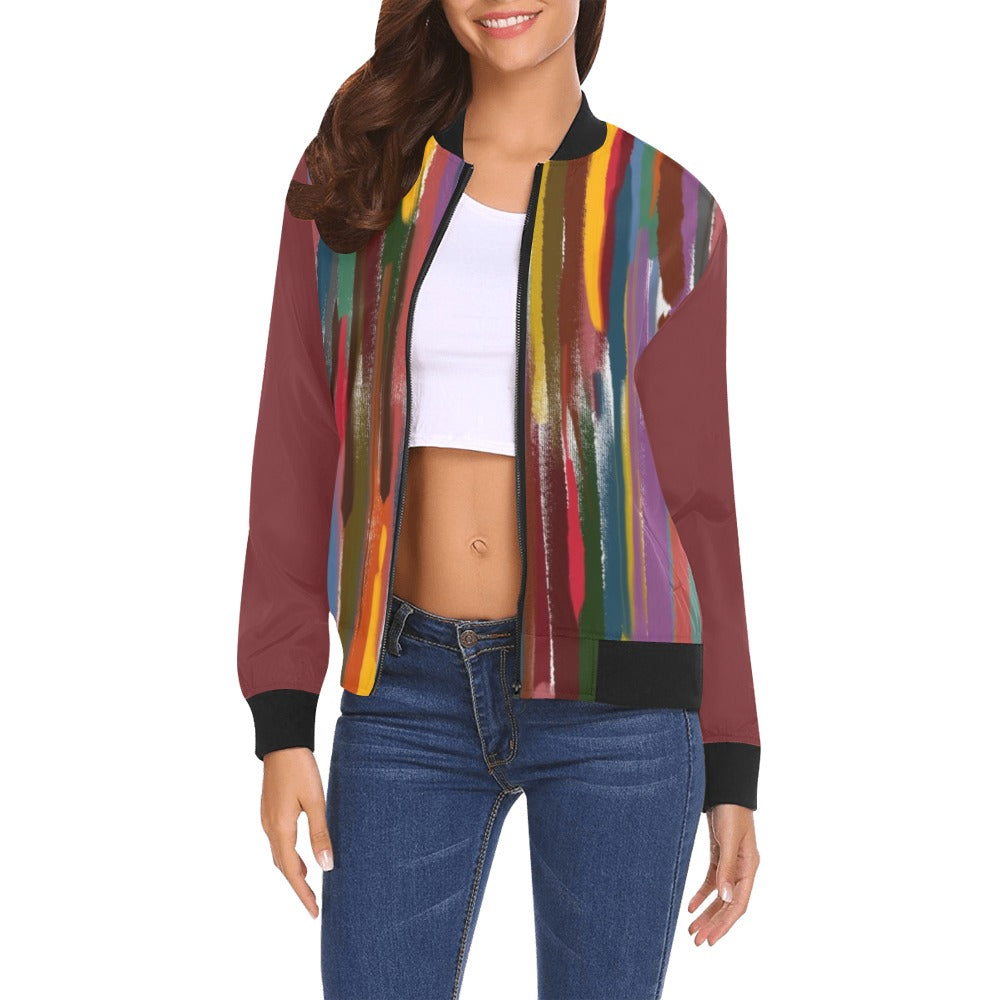 Ladies Power Stripes maroon sleeve bomber jacket with colorful vertical stripe print and black ribbed collar, cuffs, and hem.