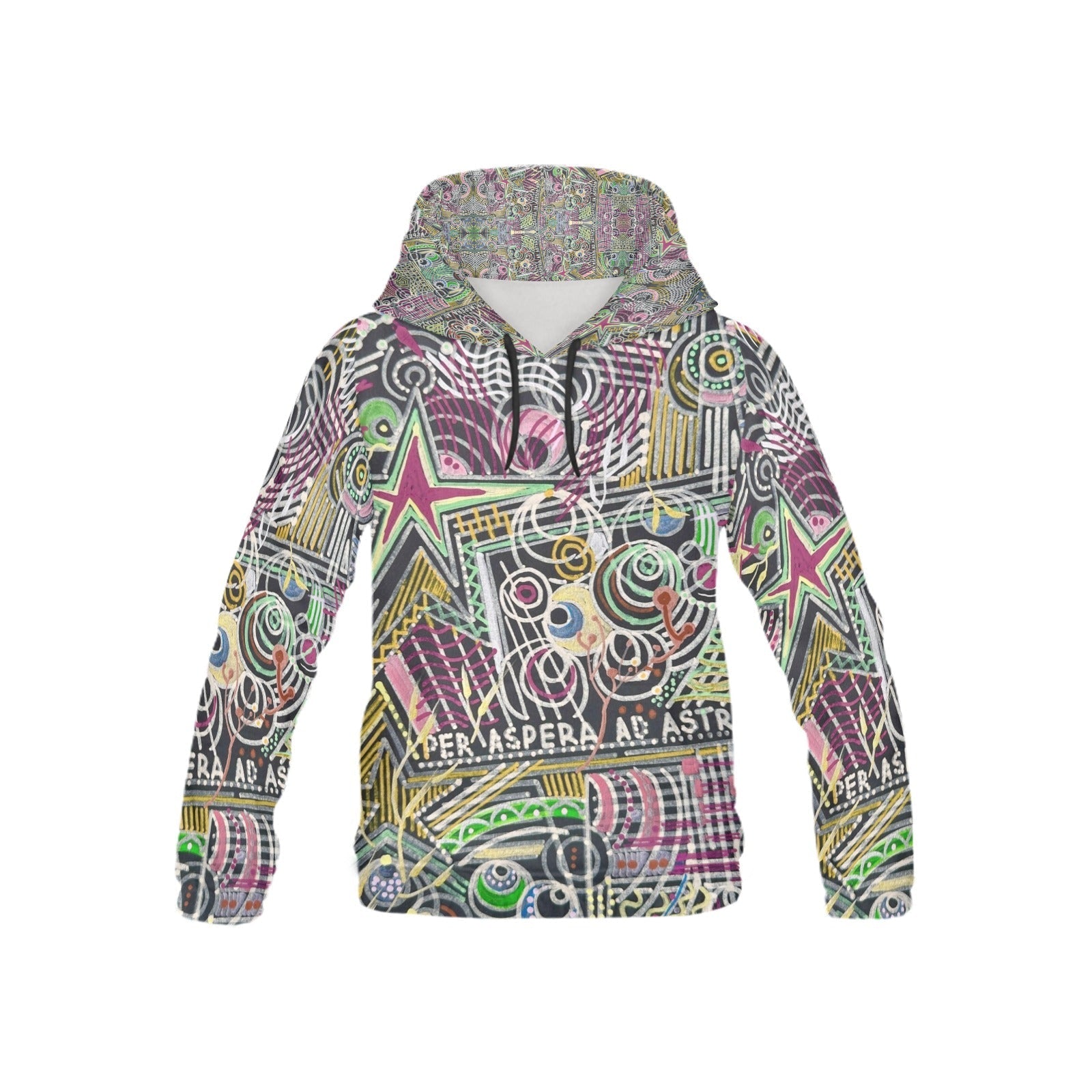 Kids hoodie featuring colorful all over star and space-themed print with comfortable fit and kangaroo pocket