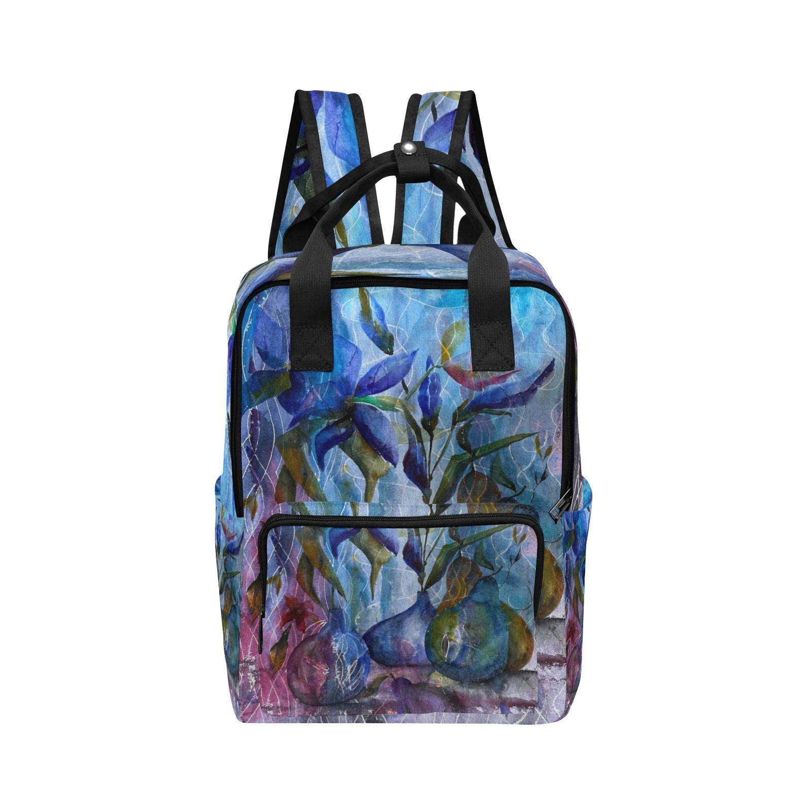 Magic Iris Twin Handle Backpack with blue and purple artistic floral design, twin handles, adjustable padded straps, front and side pockets, made of durable nylon
