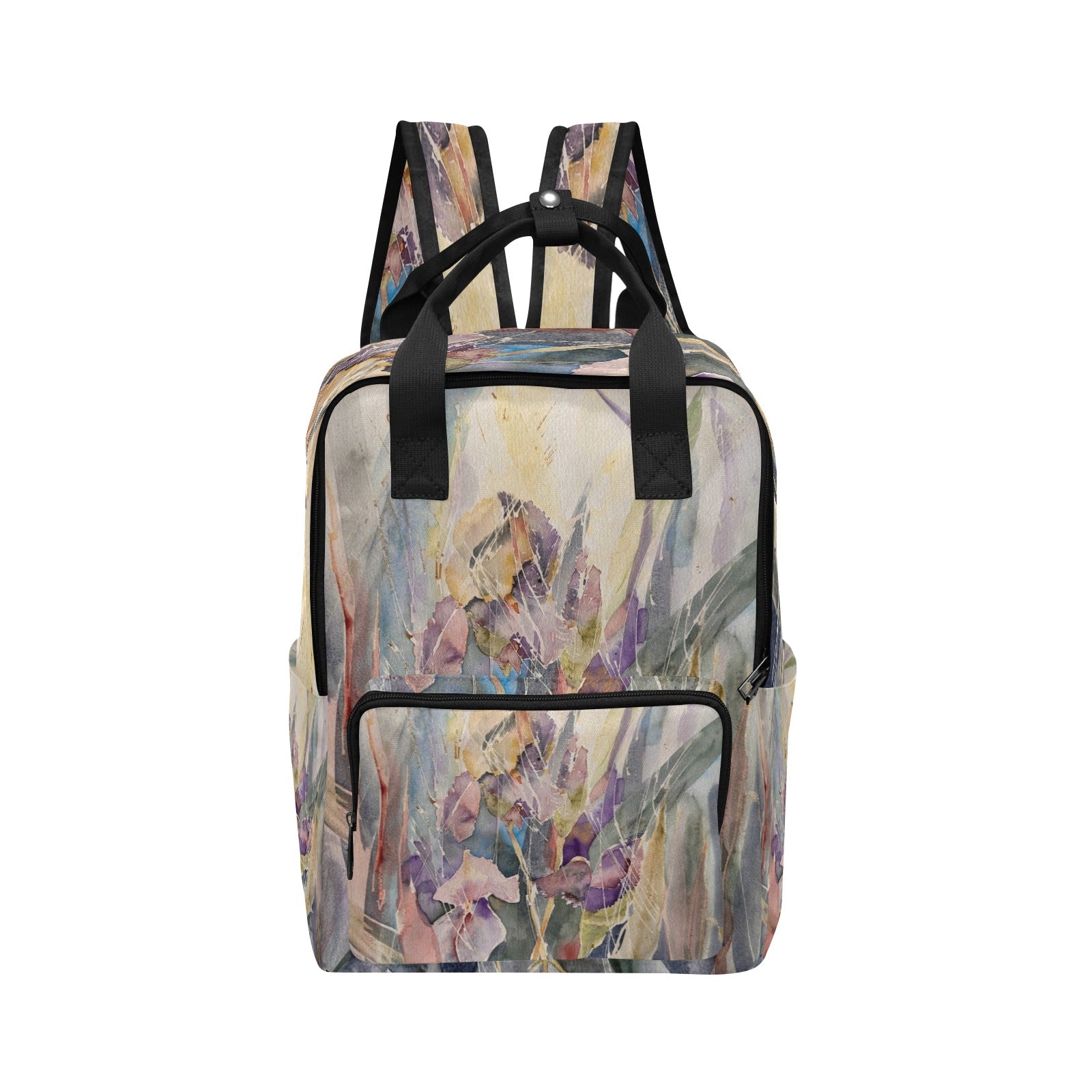 Magic Iris Twin Handle backpack with floral watercolor design, twin handles, adjustable padded straps, durable lightweight 1200D nylon, front and side pockets, tablet sleeve.