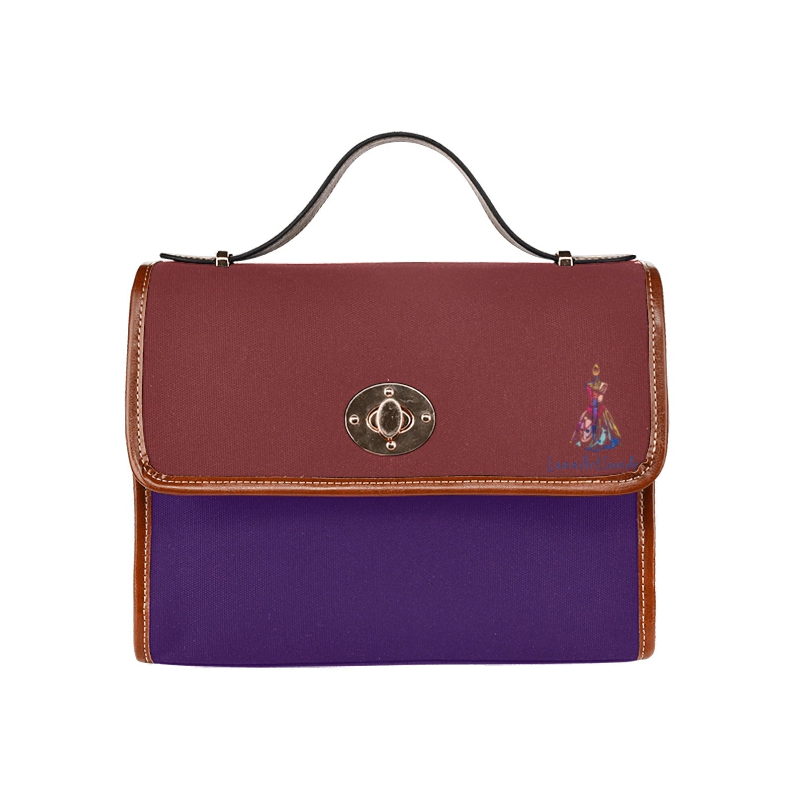 Waterproof canvas shoulder bag with color blocks in burgundy and teal, adjustable brown leather strap and handles.