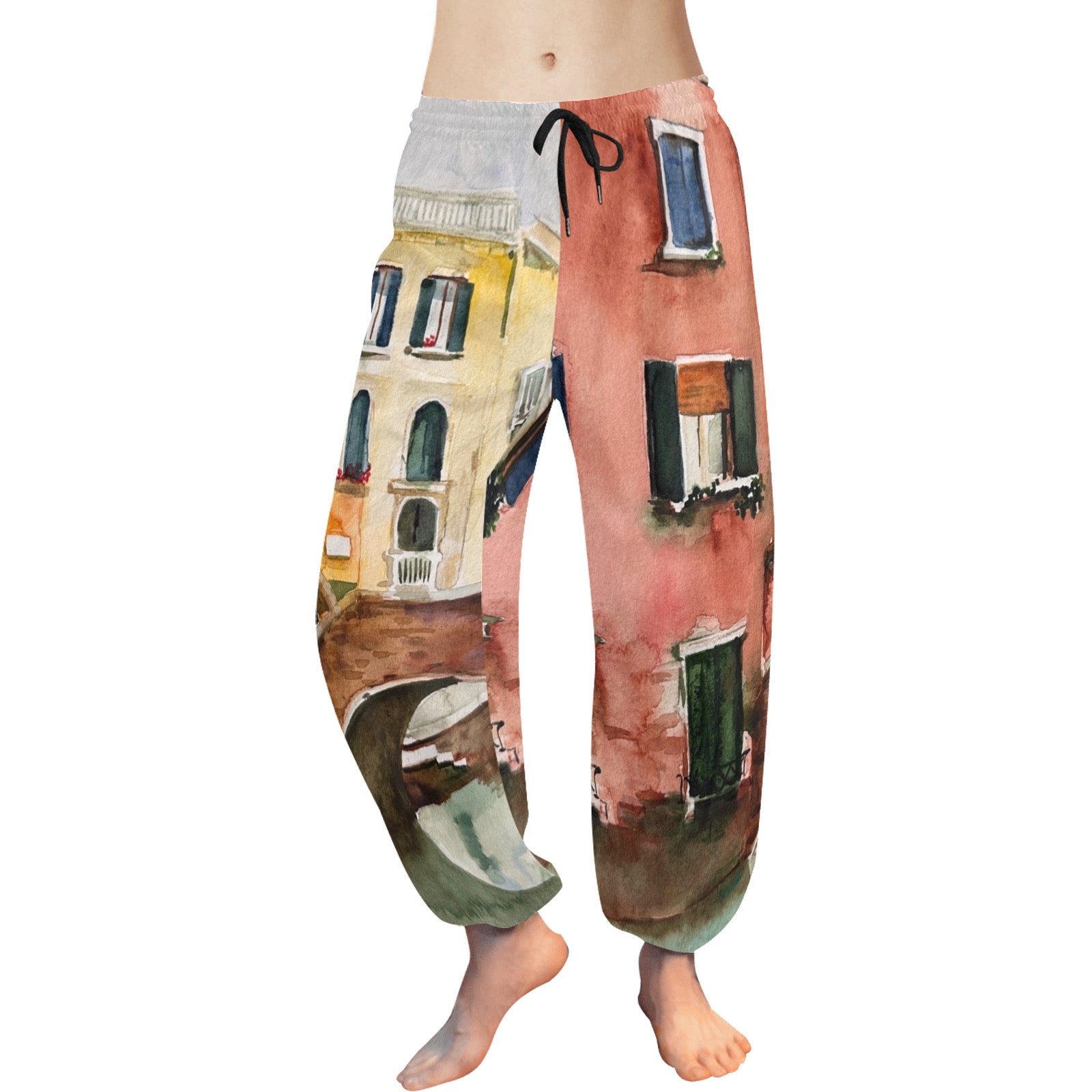 Lightweight chiffon Venice Bridge Pants with drawstring waist and colorful Venice architecture print, designed for comfort and style.
