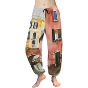 Lightweight chiffon Venice Bridge Pants with drawstring waist and colorful Venice architecture print, designed for comfort and style.