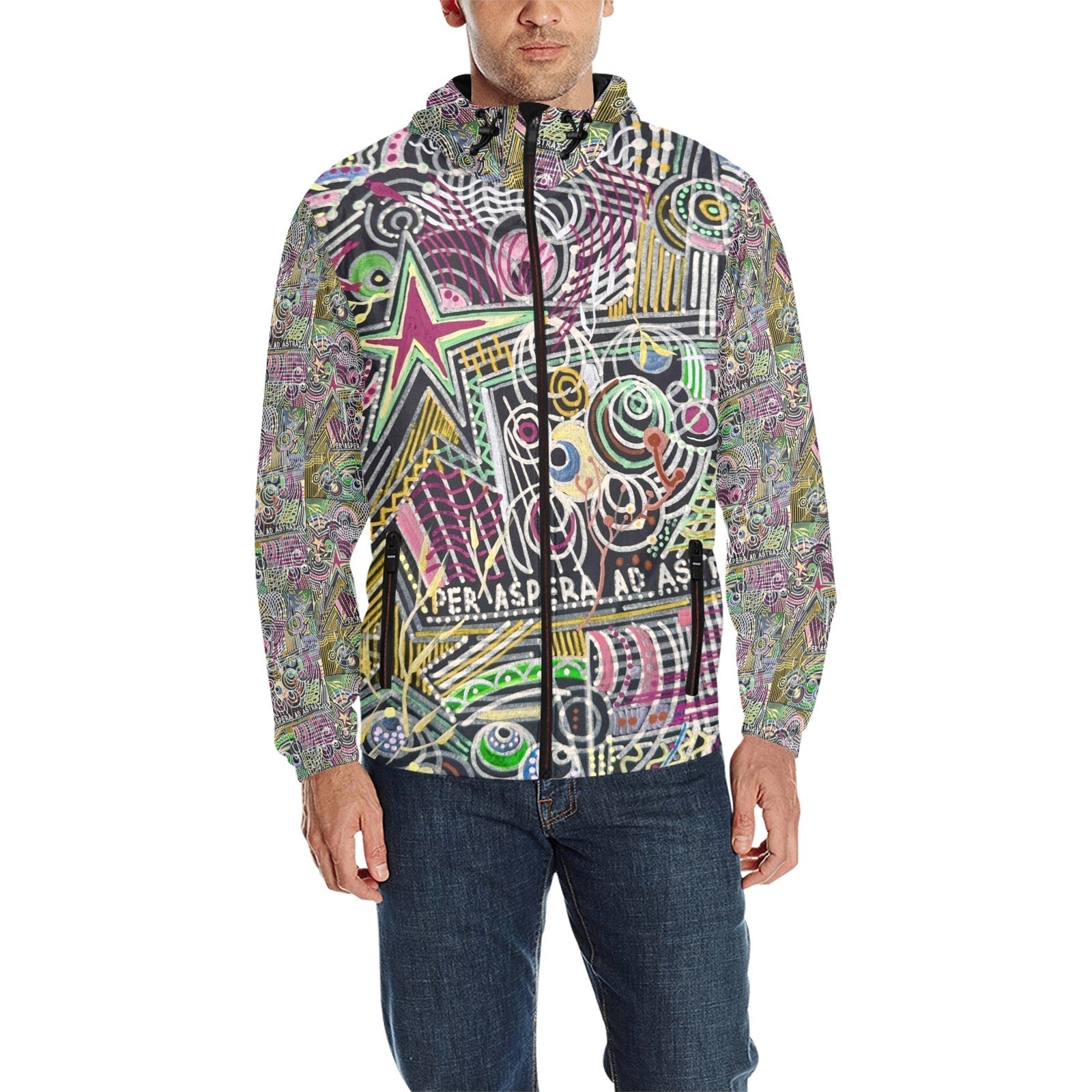 Per Aspera Quilted Unisex Windbreaker with colorful abstract star and geometric pattern, zip front, and adjustable hood.