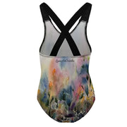Colorful children's one-piece swimsuit with suspenders and ruffled edges made from quick-drying polyester and spandex fabric