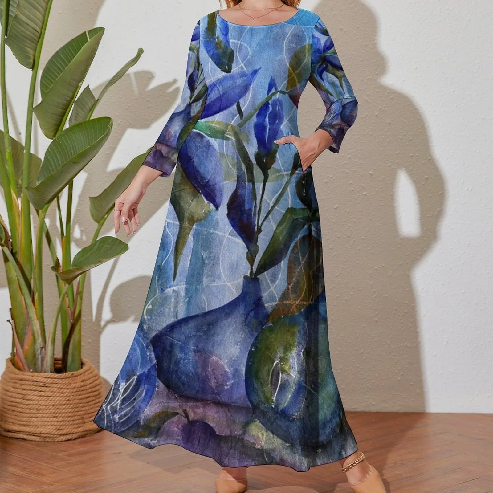 Winter Blues Maxi Long sleeve dress – Lana Art Sweden White / 4XL