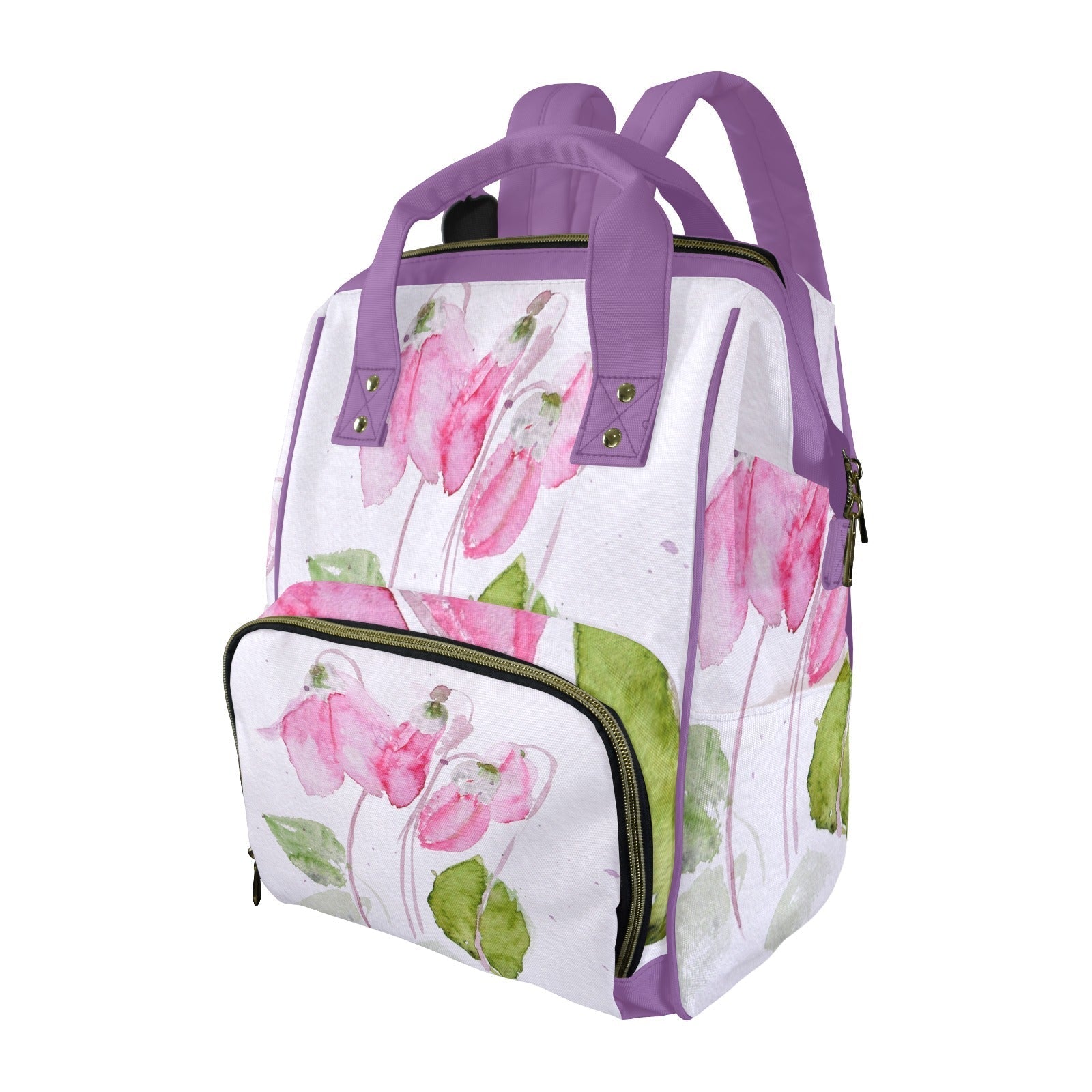 Cyclamen multifunction diaper bag backpack with pink floral design and purple accents, spacious and durable for parents.
