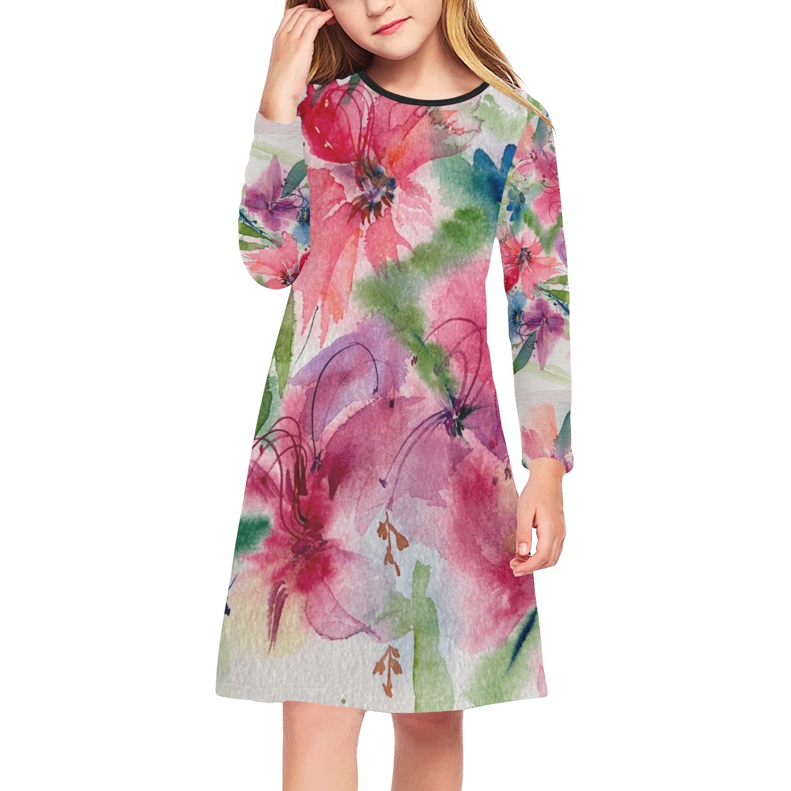 Girls long sleeve midi dress with vibrant watercolor floral design, comfortable polyester-spandex blend, round neckline, perfect for everyday wear