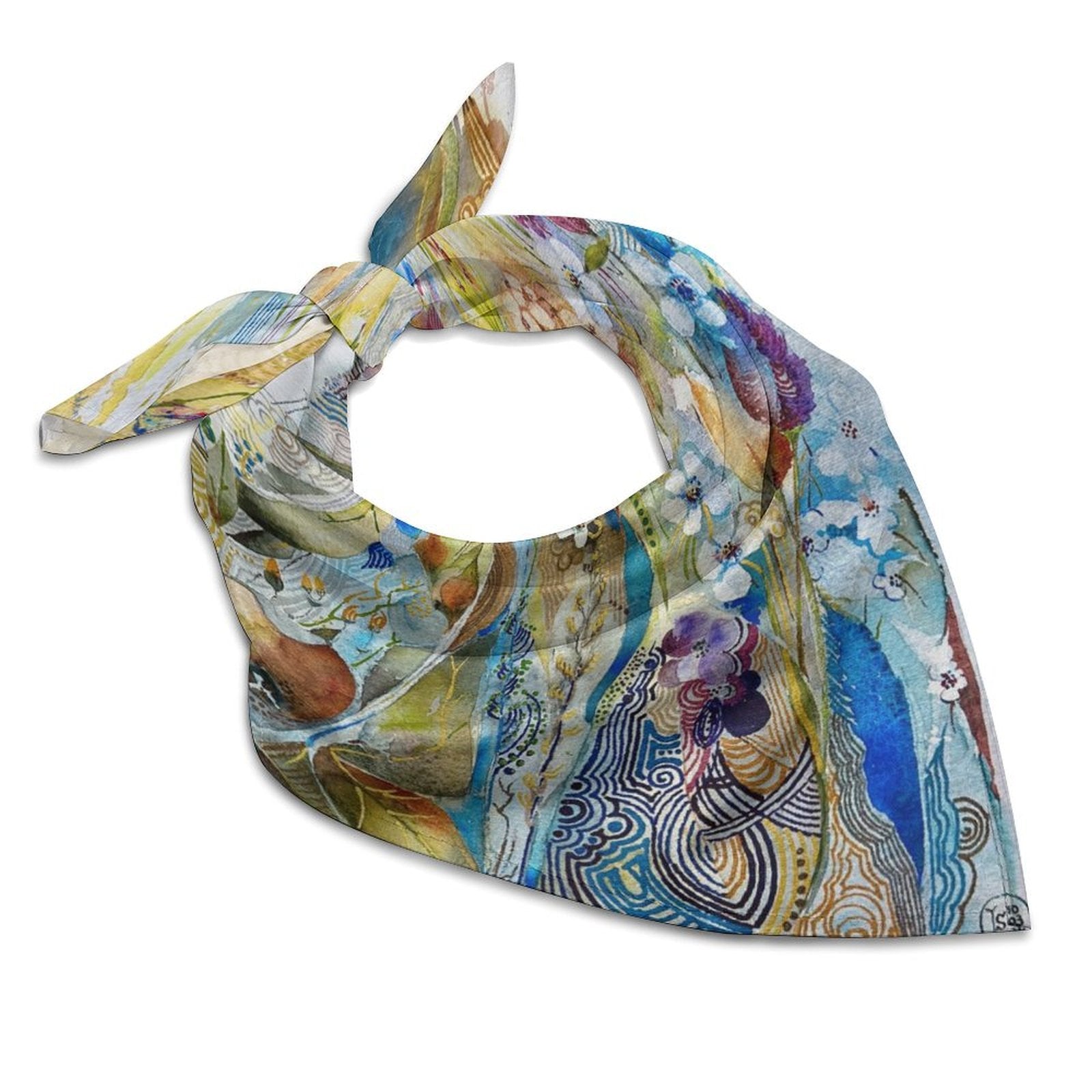 Colorful patterned city bomber scarf or kerchief made of lightweight silky synthetic fabric for versatile styling.