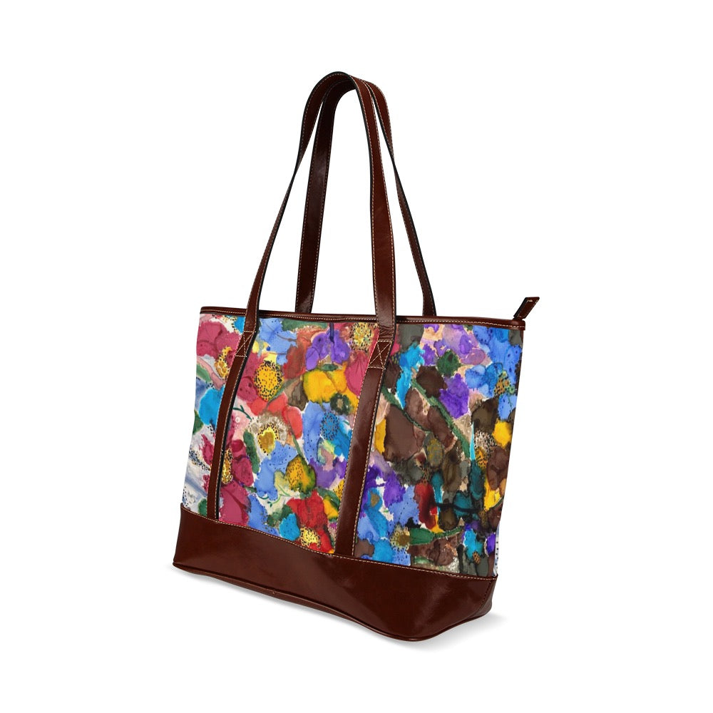 Fall Flowers by LanaArtSweden Tote Handbag with waterproof fabric, faux leather handles, and interior pockets.