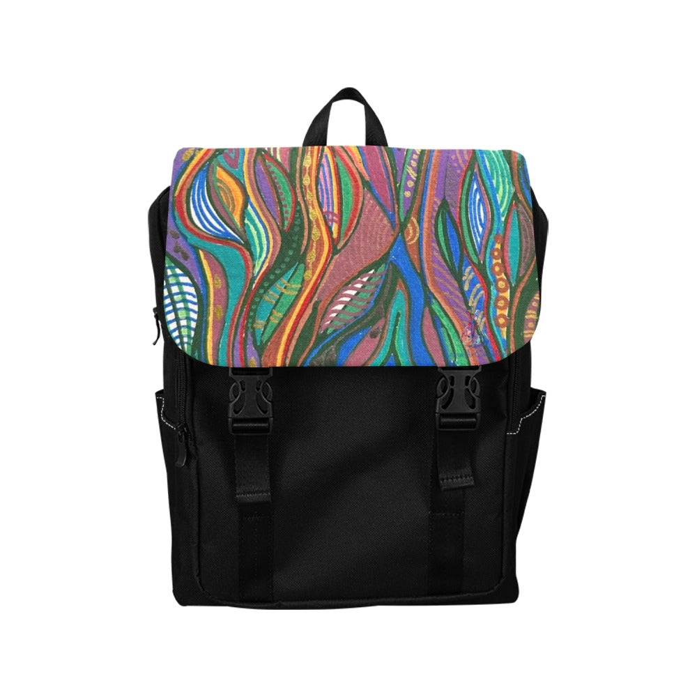 Lanterna Casual Backpack with colorful abstract flap and black body, suitable for everyday use, travel, and school.