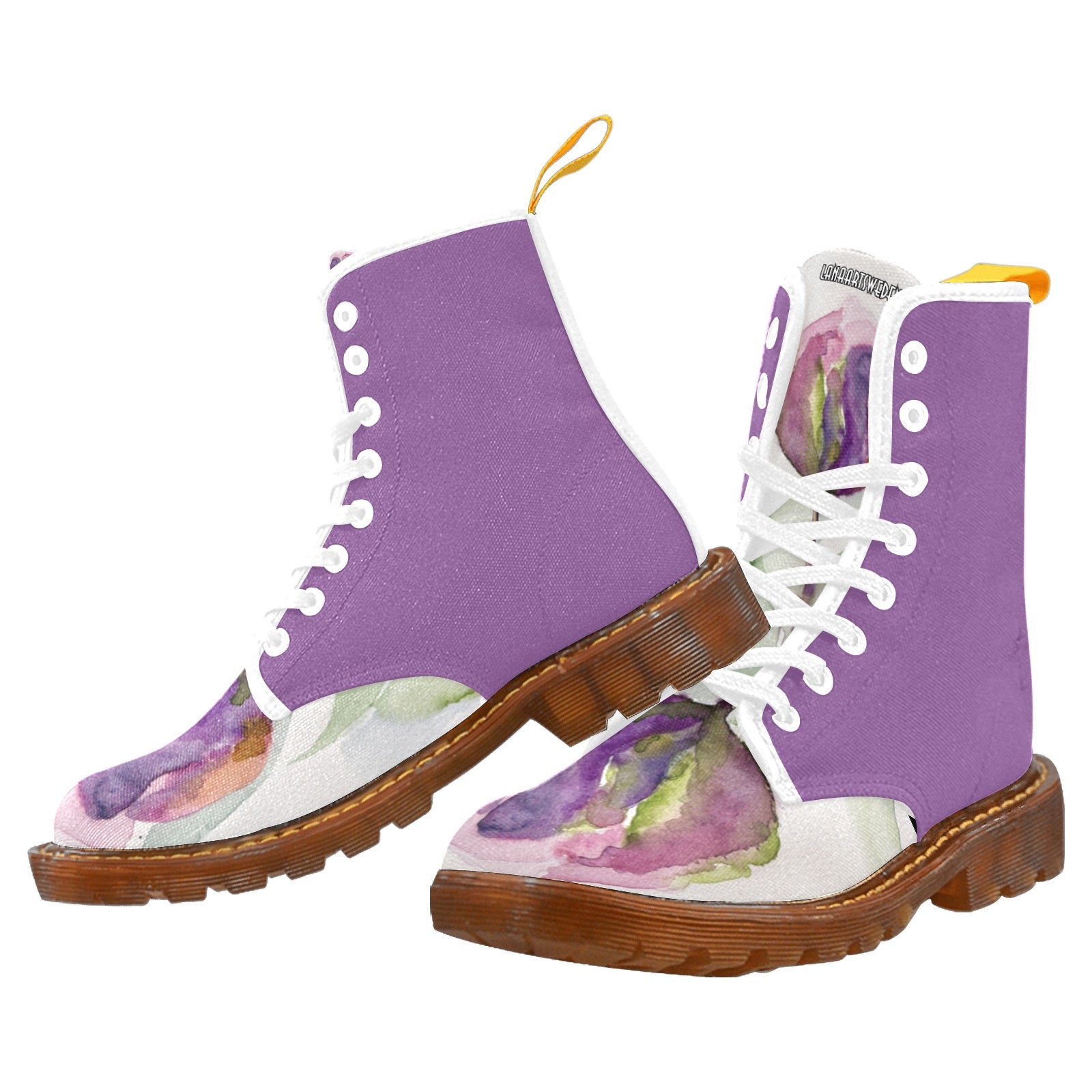 Women’s Tulip Violet custom canvas lace-up combat boots with translucent rubber sole and floral design