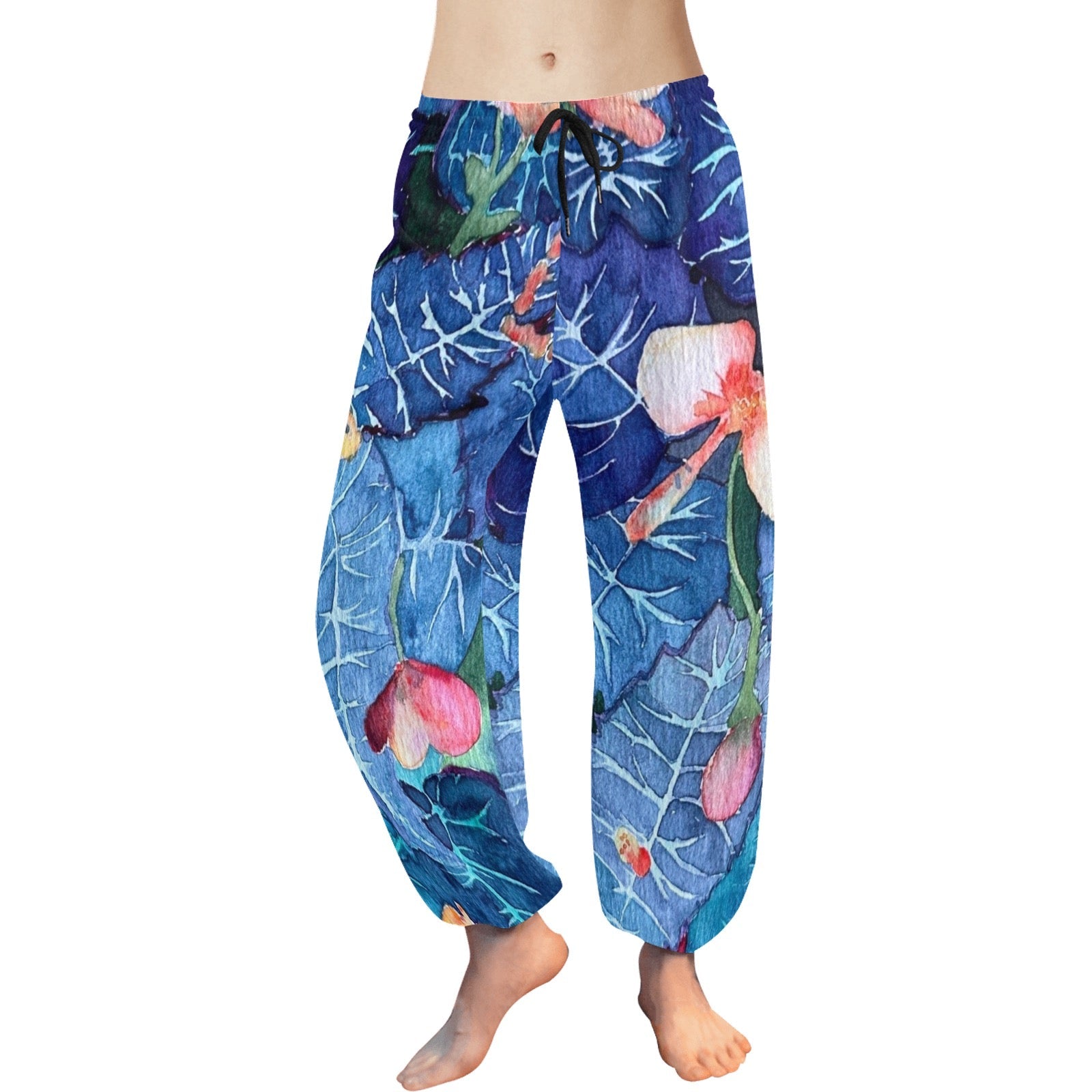Blue chiffon drawstring harem pants with red floral print and ankle cuffs, lightweight and soft fabric