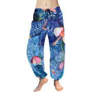 Blue chiffon drawstring harem pants with red floral print and ankle cuffs, lightweight and soft fabric