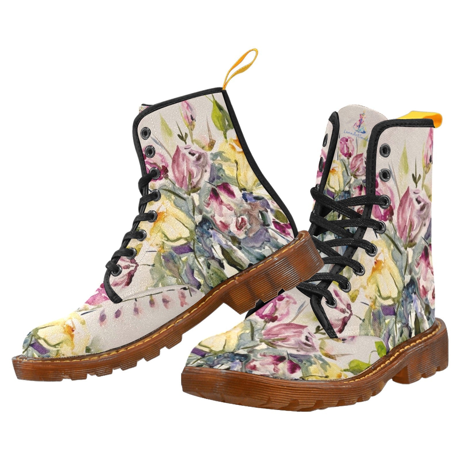Women's Tulip Bundle Custom Canvas Boots with floral print, lace-up design, translucent rubber sole, and comfortable breathable lining