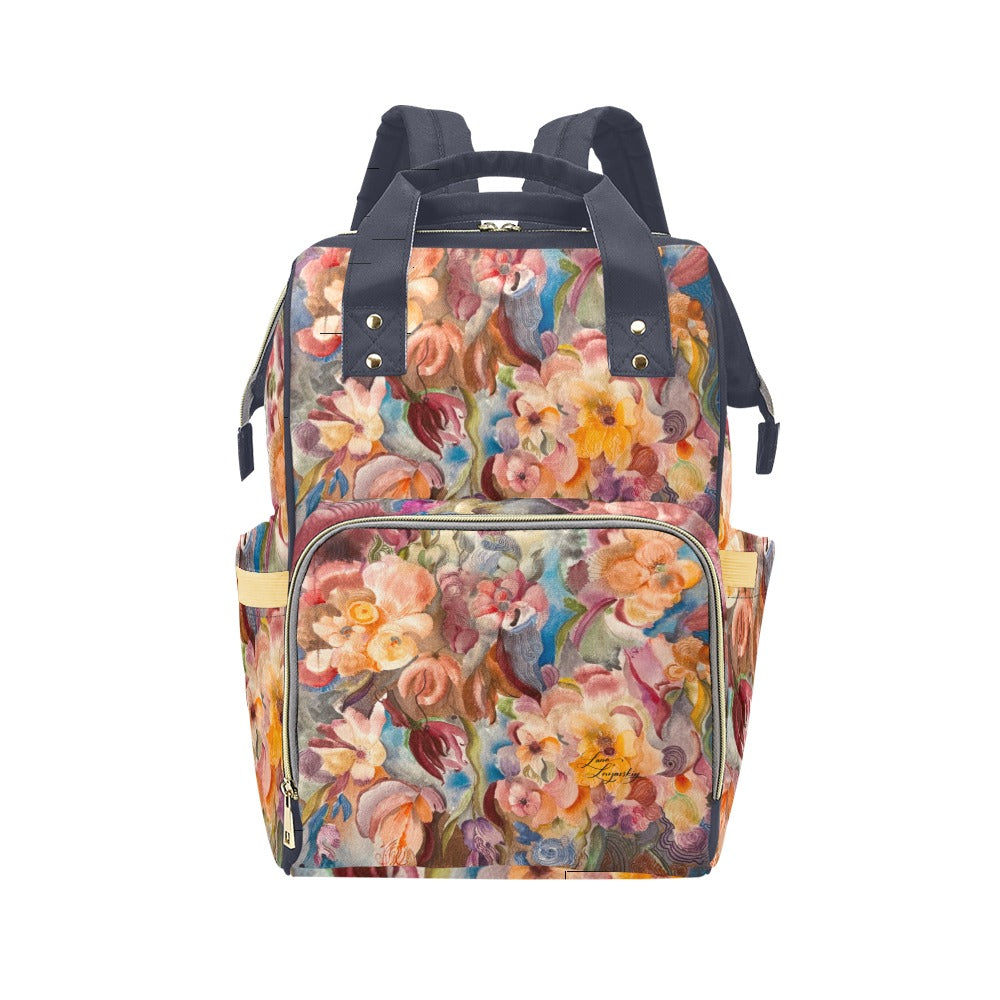 Floral Firelight Crown blue multifunction travel backpack with vibrant floral artwork and insulated pockets