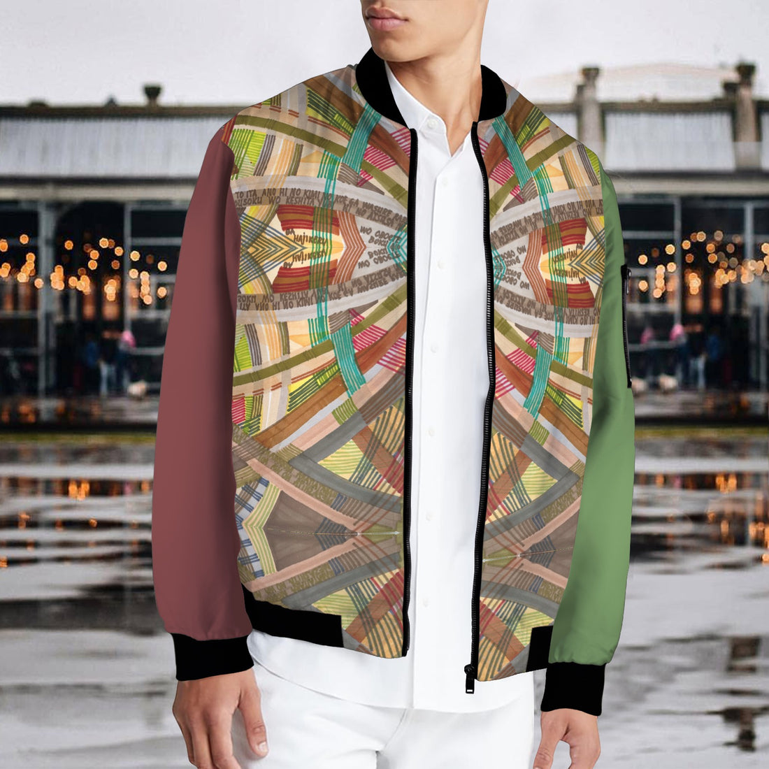 Labyrinth Burgundy Green Men's Bomber Jacket