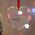 Customizable heart-shaped crystal glass ornament for Christmas, personalized with photo and holiday greeting.