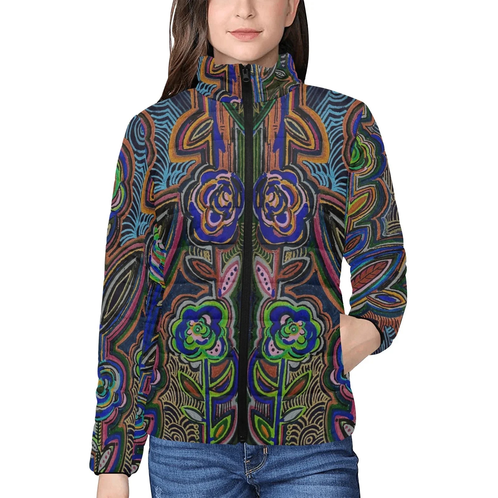Fabled Flowers Women's Stand Collar Padded Jacket (Model H41)