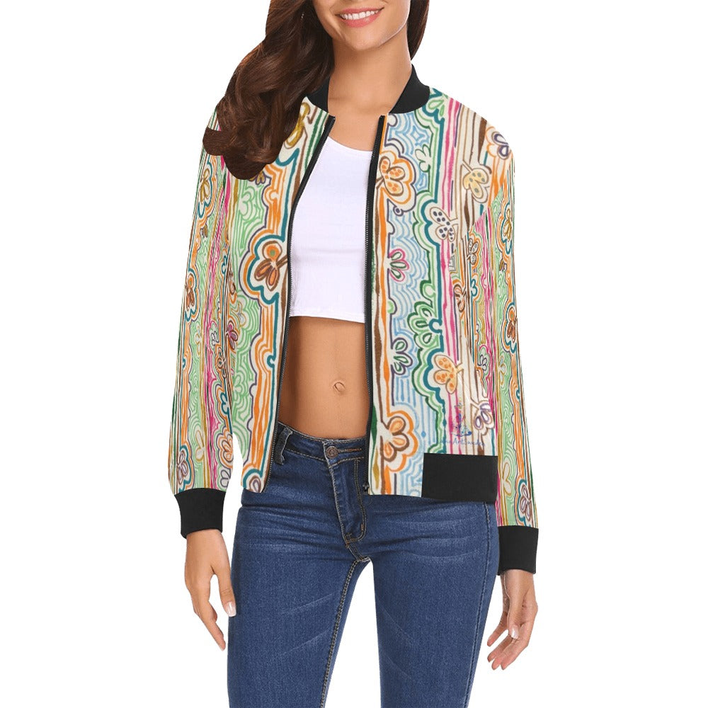 Spring Fever All Over Print colorful floral and abstract design women's bomber jacket with black ribbed collar and cuffs, styled with white crop top and blue jeans