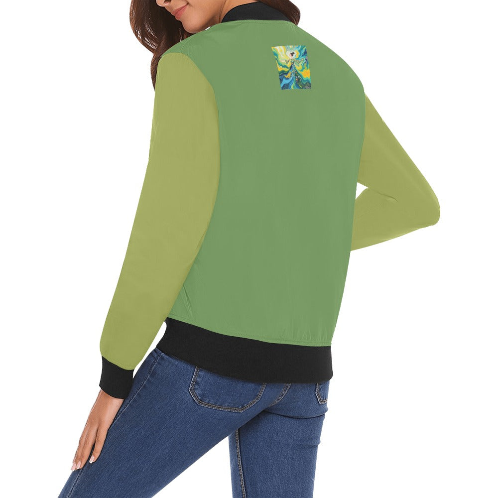 Bomberjacke mit grünem Logo-Allover-Print an den Ärmeln für Damen